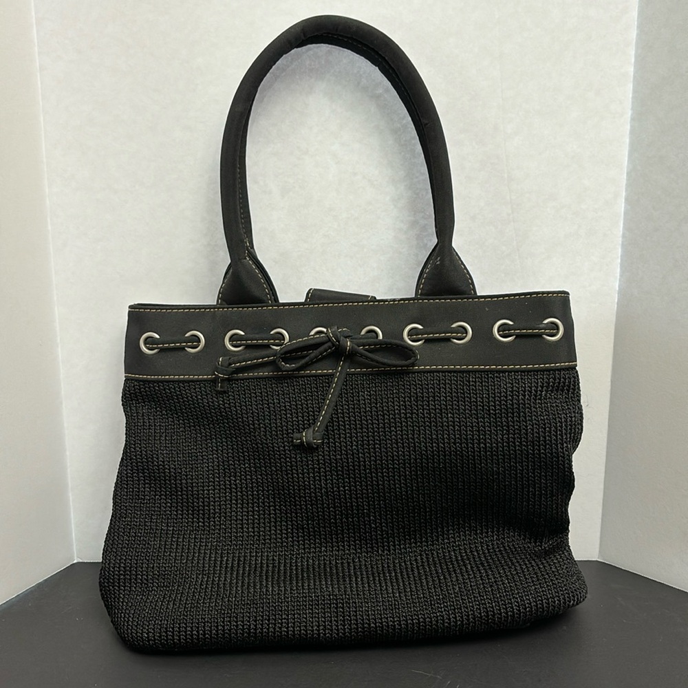 The SAK Satchel Bag Black Knit Pockets Double handle Silver Hardware Handbag EUC